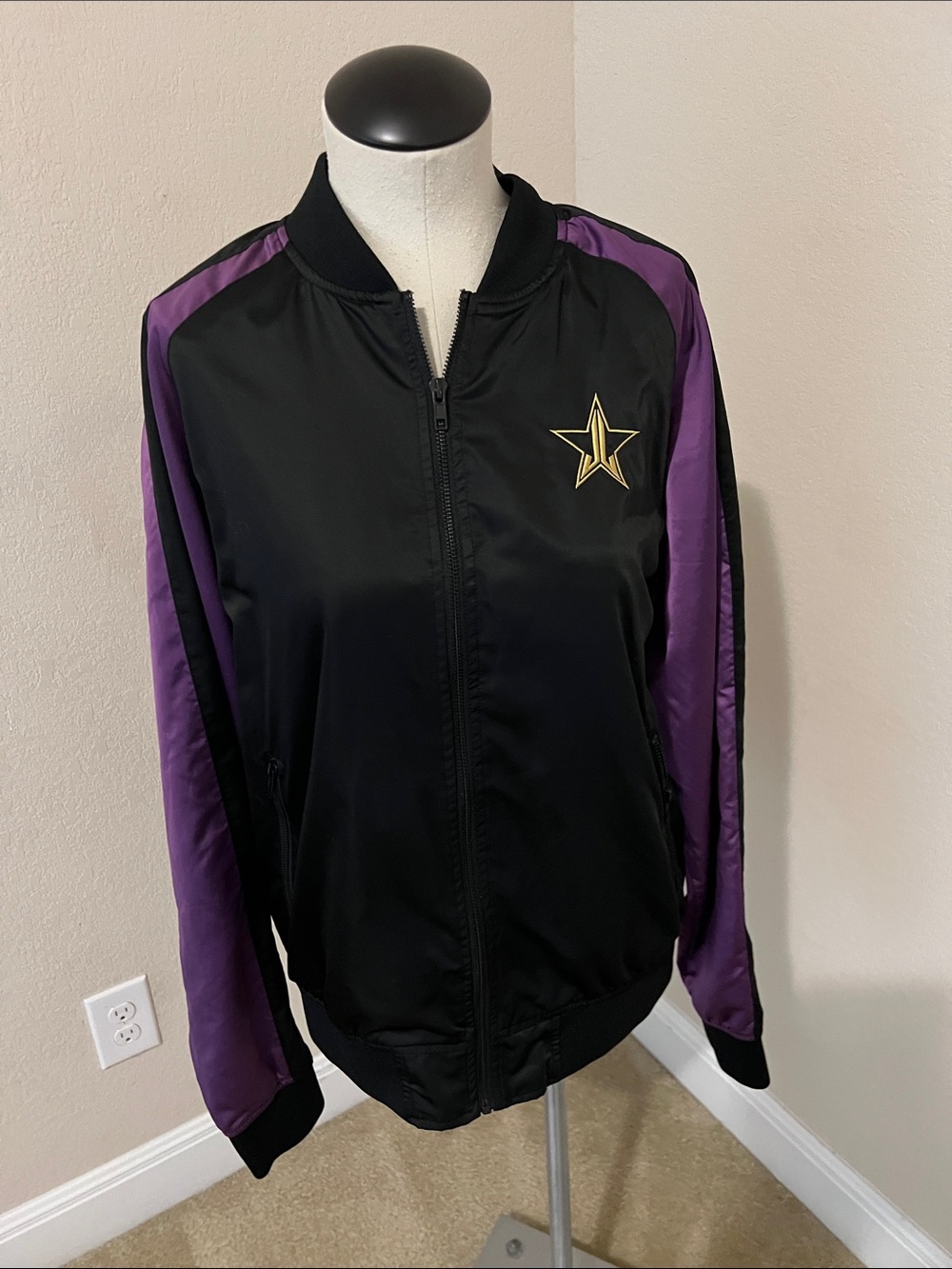 Jeffree Star Black and Purple Satin Bomber Jacket with Gold Star